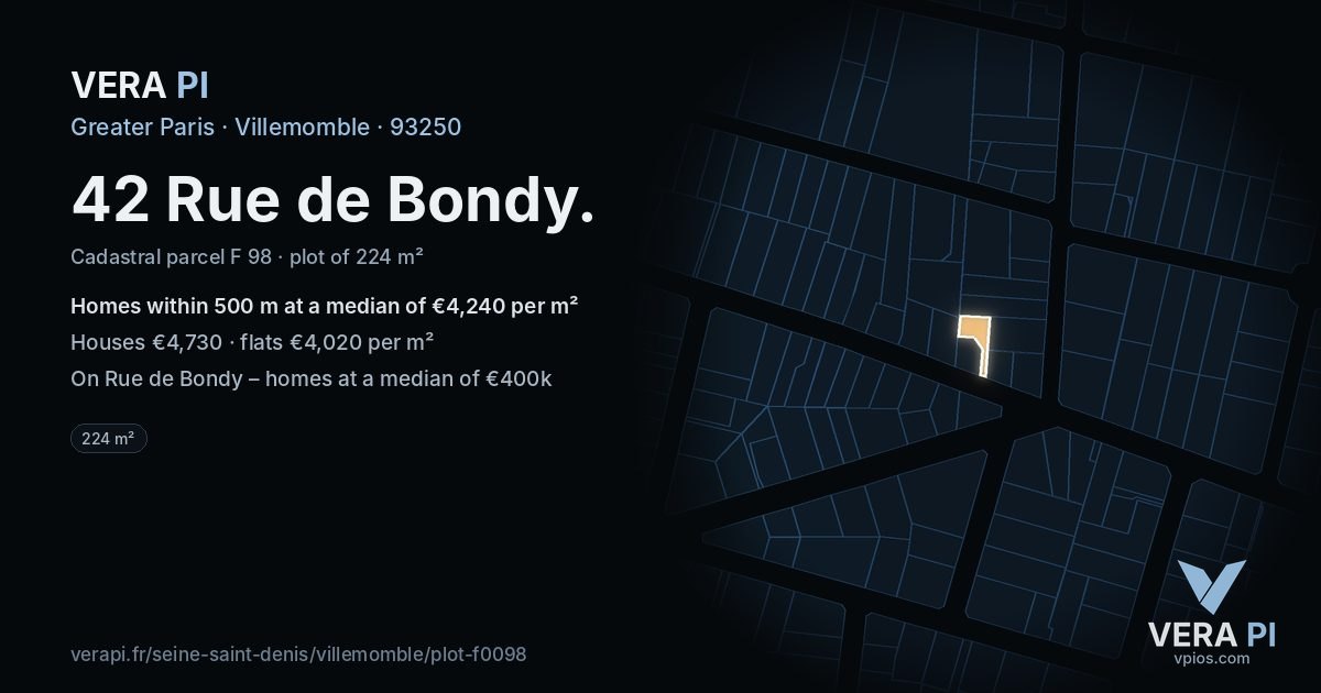 42 Rue de Bondy, Villemomble at night – the plot lit, the parcels around coloured by the prices near them
