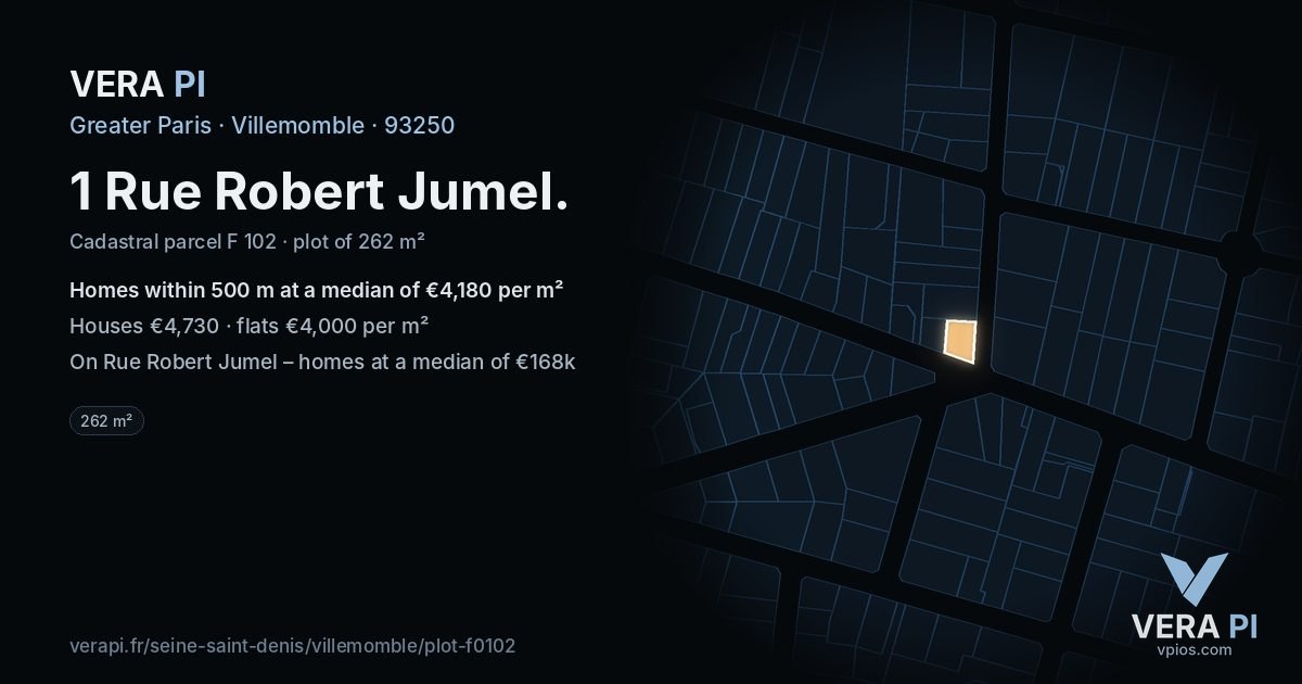 1 Rue Robert Jumel, Villemomble at night – the plot lit, the parcels around coloured by the prices near them