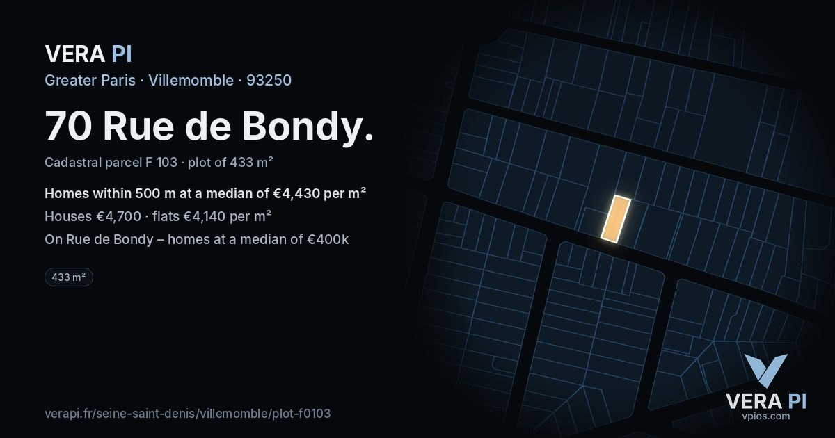 70 Rue de Bondy, Villemomble at night – the plot lit, the parcels around coloured by the prices near them