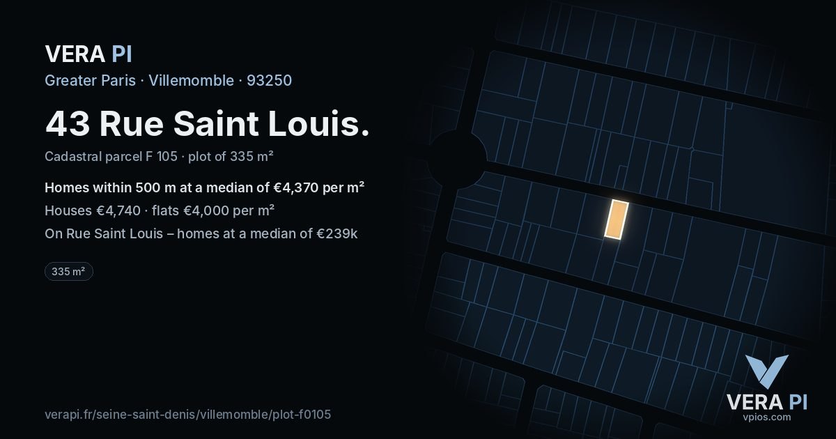 43 Rue Saint Louis, Villemomble at night – the plot lit, the parcels around coloured by the prices near them