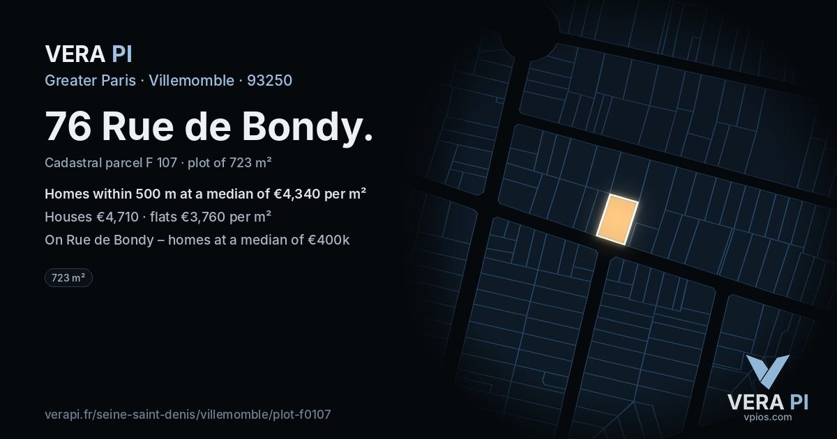 76 Rue de Bondy, Villemomble at night – the plot lit, the parcels around coloured by the prices near them