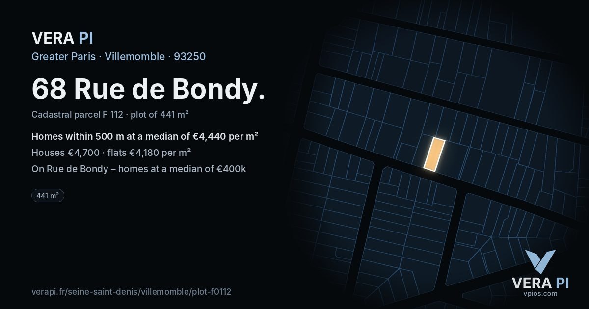 68 Rue de Bondy, Villemomble at night – the plot lit, the parcels around coloured by the prices near them