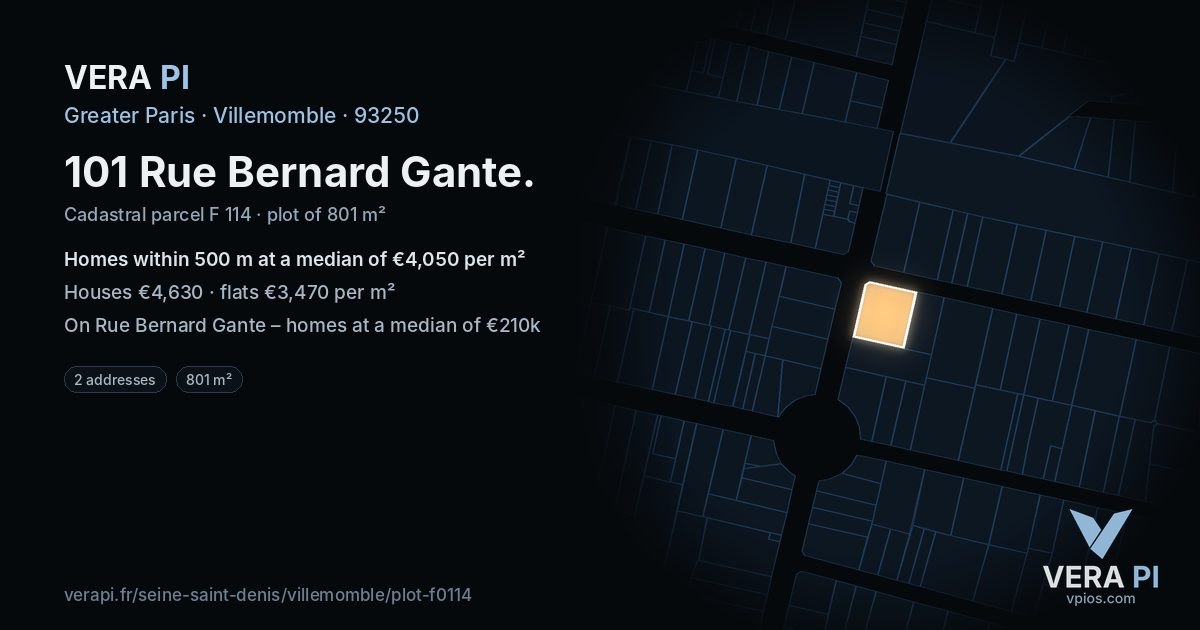 101 Rue Bernard Gante, Villemomble at night – the plot lit, the parcels around coloured by the prices near them