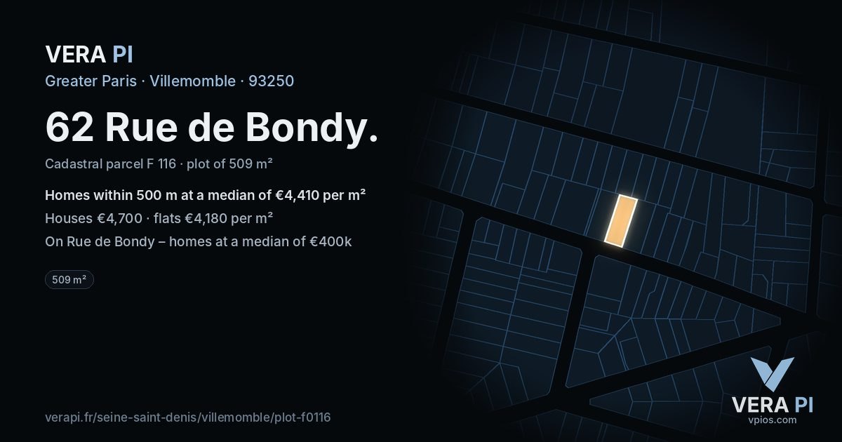 62 Rue de Bondy, Villemomble at night – the plot lit, the parcels around coloured by the prices near them