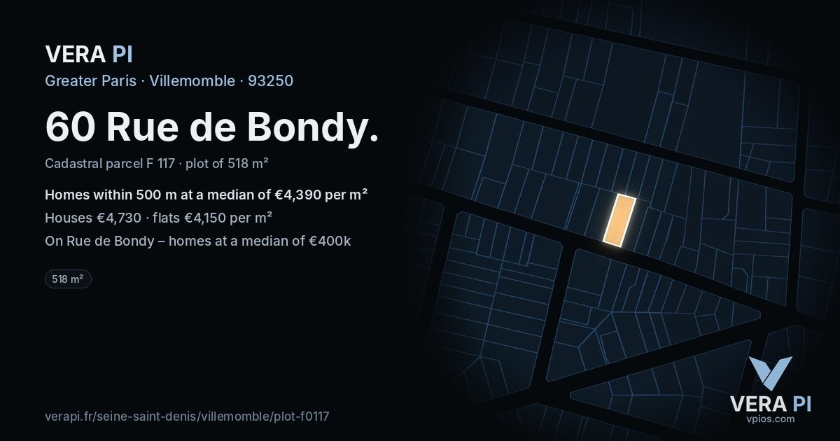 60 Rue de Bondy, Villemomble at night – the plot lit, the parcels around coloured by the prices near them