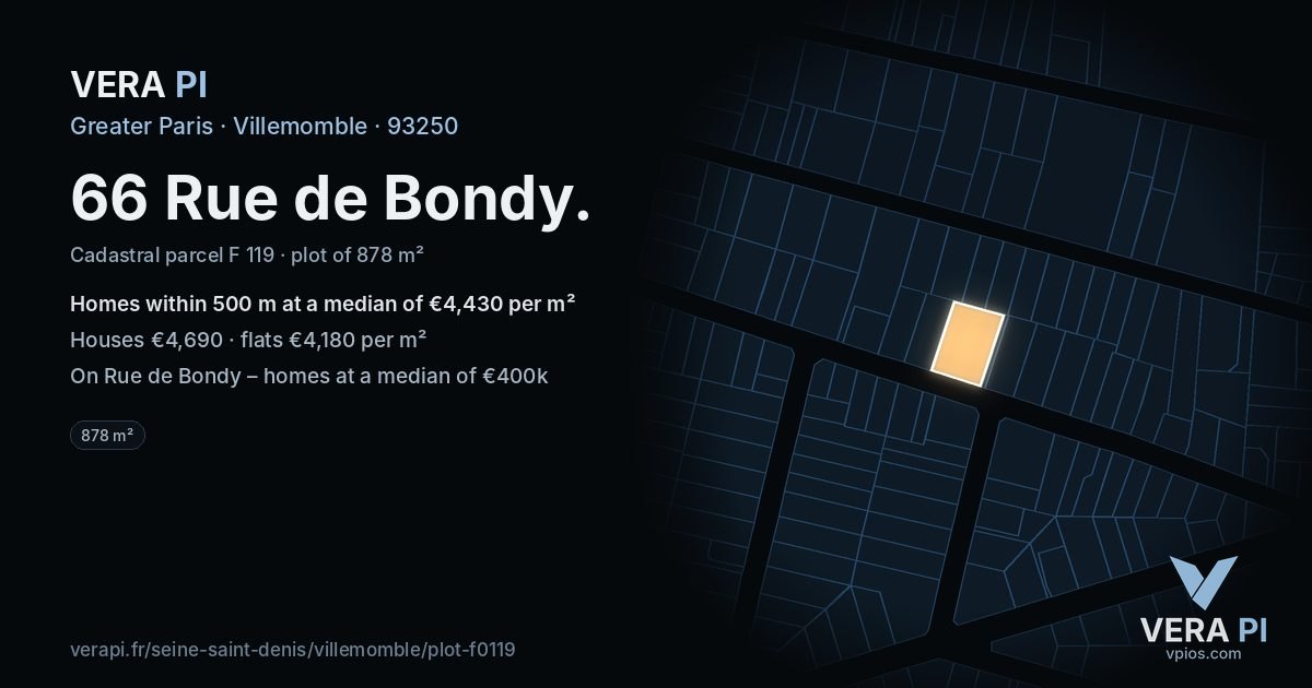 66 Rue de Bondy, Villemomble at night – the plot lit, the parcels around coloured by the prices near them