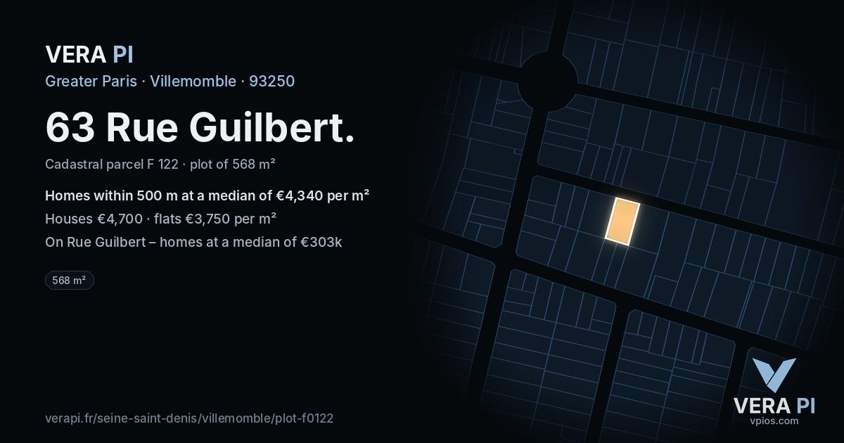 63 Rue Guilbert, Villemomble at night – the plot lit, the parcels around coloured by the prices near them