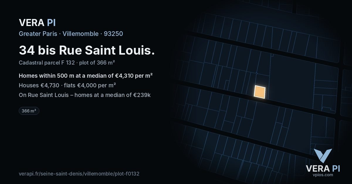 34 bis Rue Saint Louis, Villemomble at night – the plot lit, the parcels around coloured by the prices near them