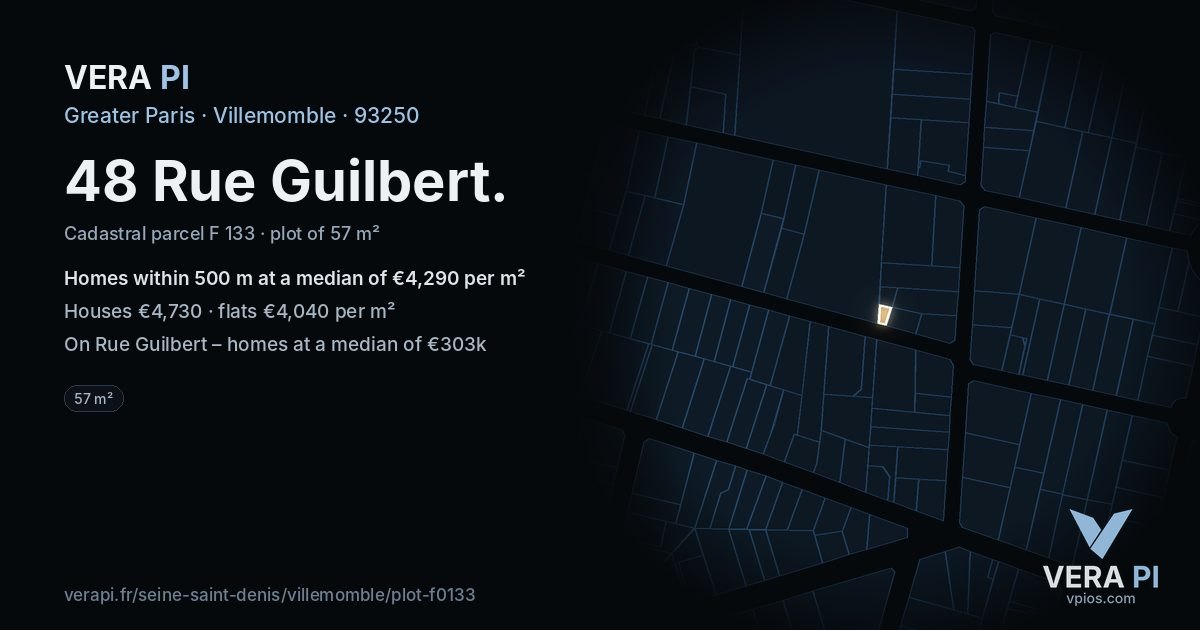 48 Rue Guilbert, Villemomble at night – the plot lit, the parcels around coloured by the prices near them