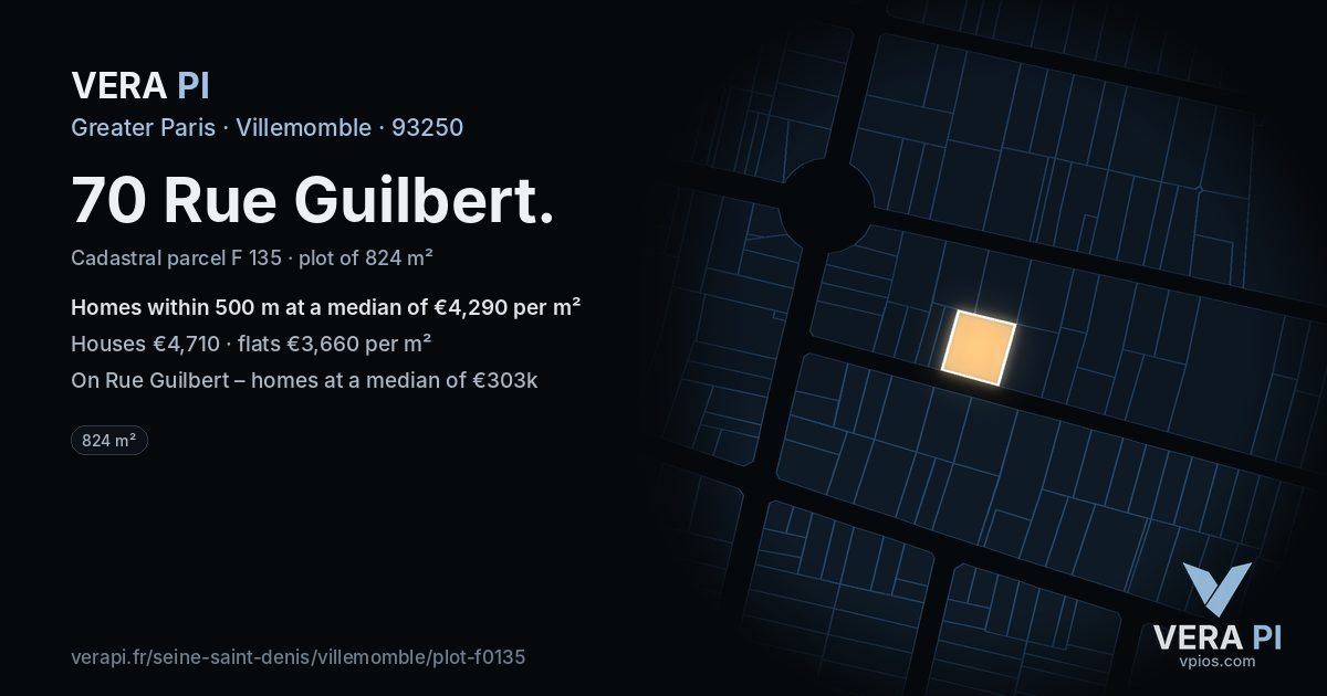 70 Rue Guilbert, Villemomble at night – the plot lit, the parcels around coloured by the prices near them