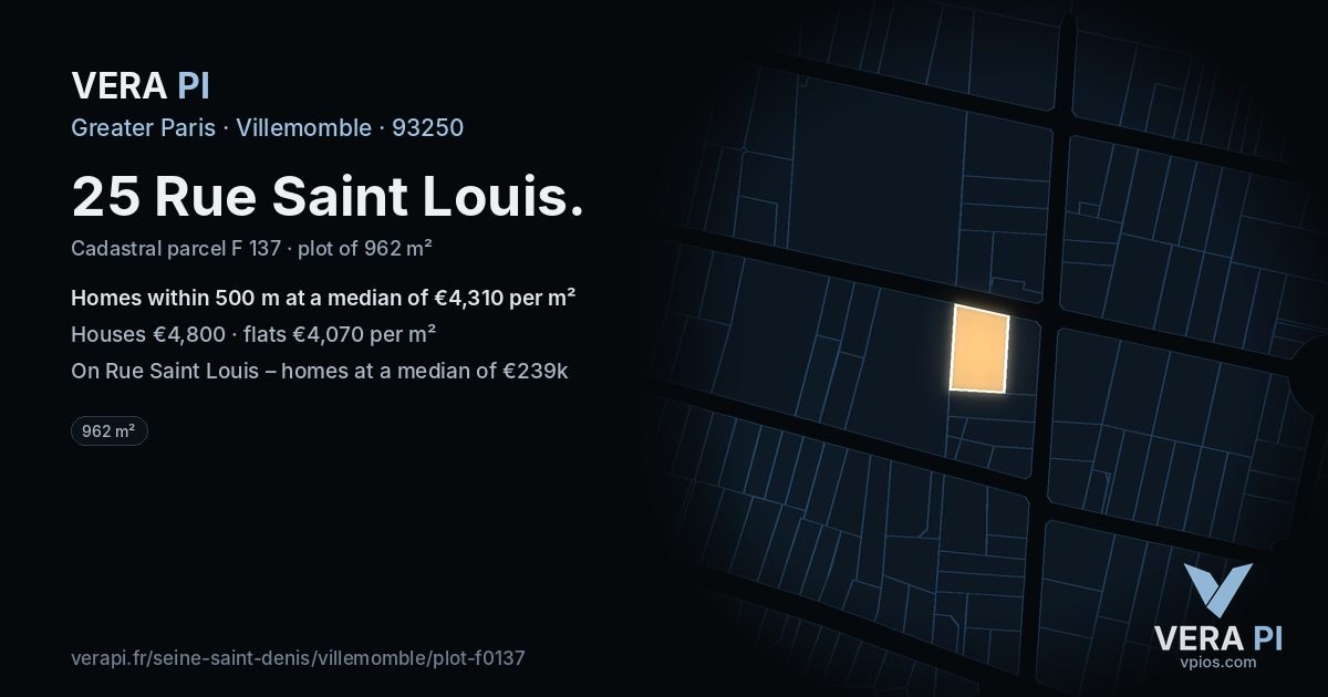 25 Rue Saint Louis, Villemomble at night – the plot lit, the parcels around coloured by the prices near them