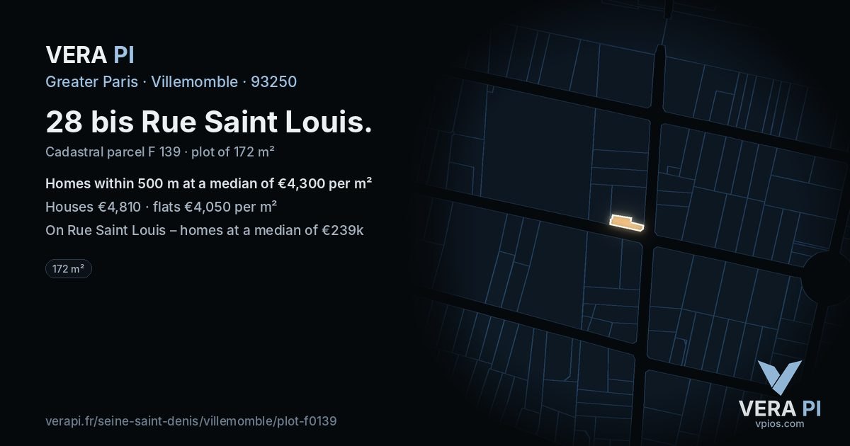 28 bis Rue Saint Louis, Villemomble at night – the plot lit, the parcels around coloured by the prices near them