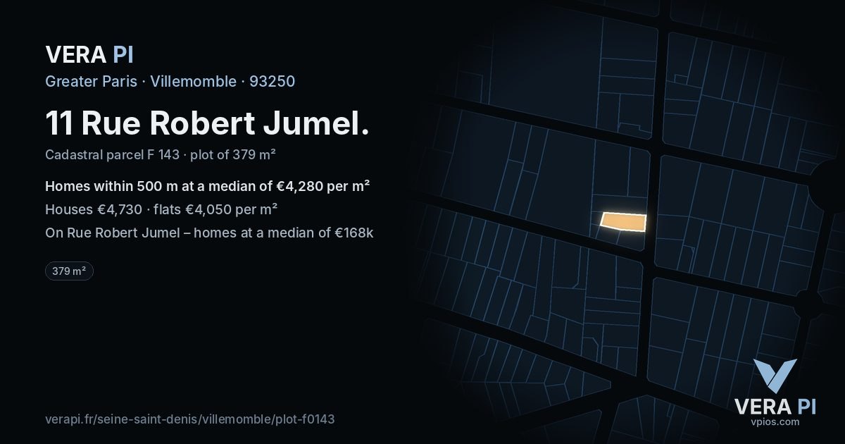11 Rue Robert Jumel, Villemomble at night – the plot lit, the parcels around coloured by the prices near them