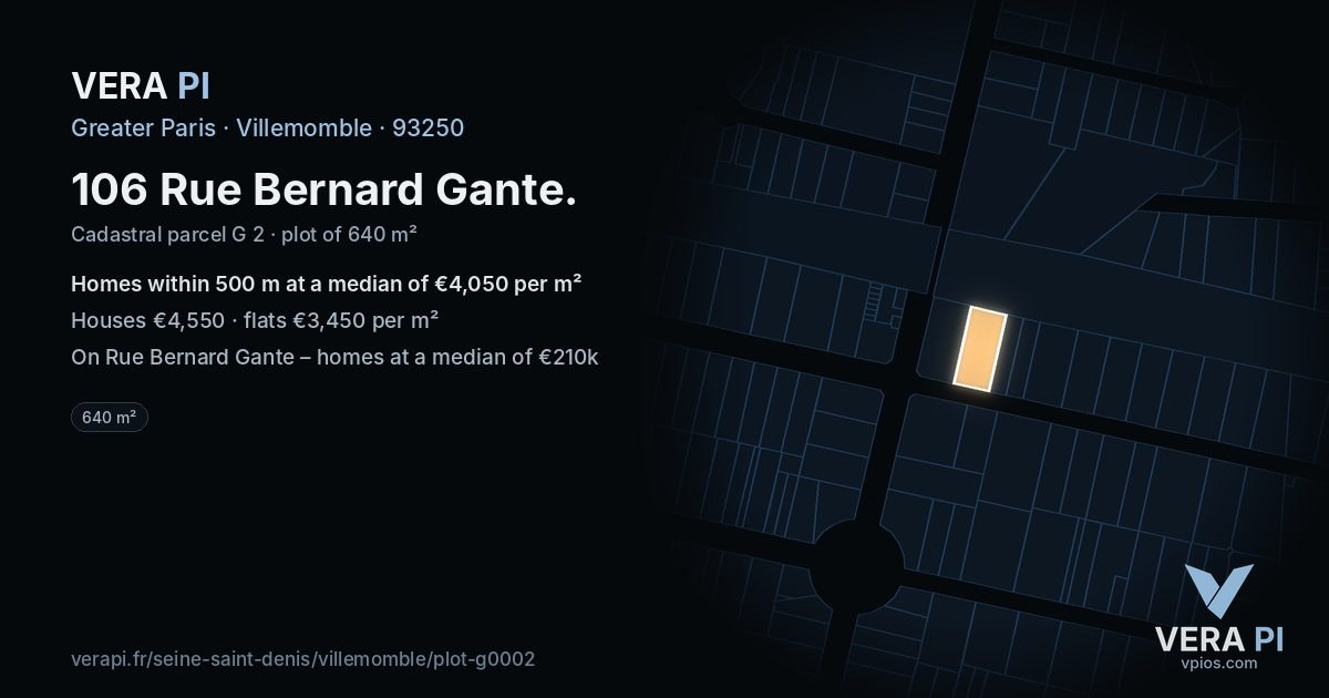 106 Rue Bernard Gante, Villemomble at night – the plot lit, the parcels around coloured by the prices near them