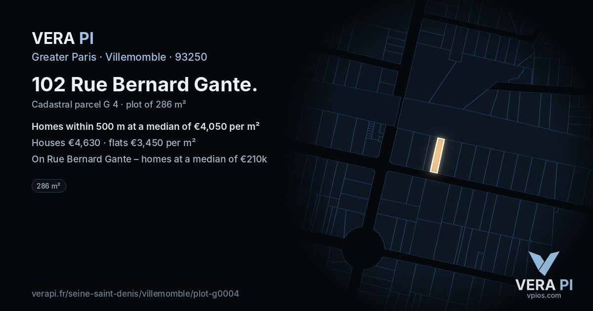 102 Rue Bernard Gante, Villemomble at night – the plot lit, the parcels around coloured by the prices near them