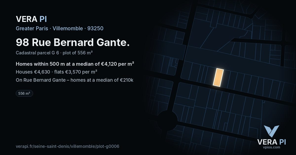 98 Rue Bernard Gante, Villemomble at night – the plot lit, the parcels around coloured by the prices near them