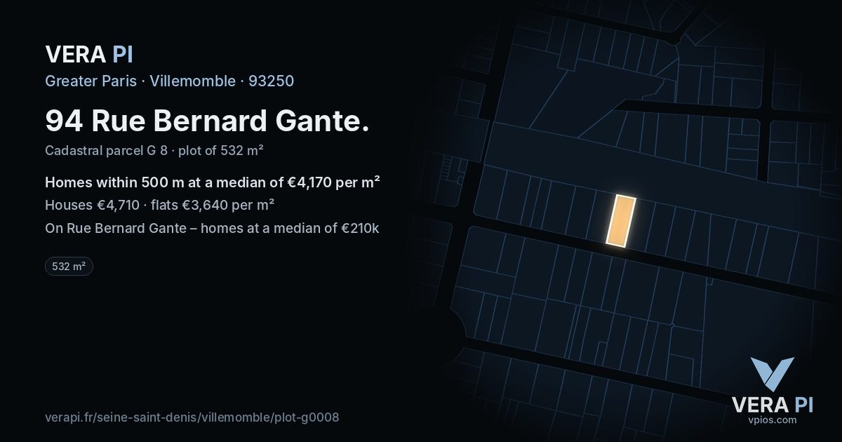 94 Rue Bernard Gante, Villemomble at night – the plot lit, the parcels around coloured by the prices near them