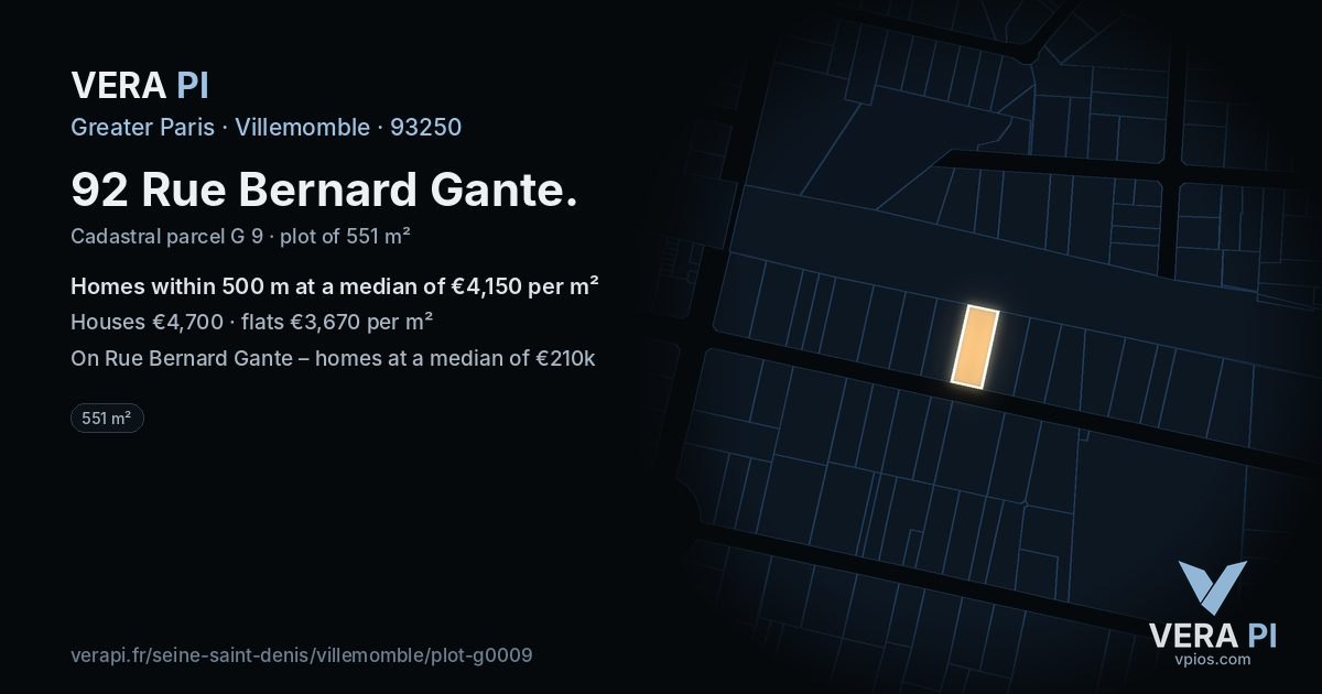 92 Rue Bernard Gante, Villemomble at night – the plot lit, the parcels around coloured by the prices near them