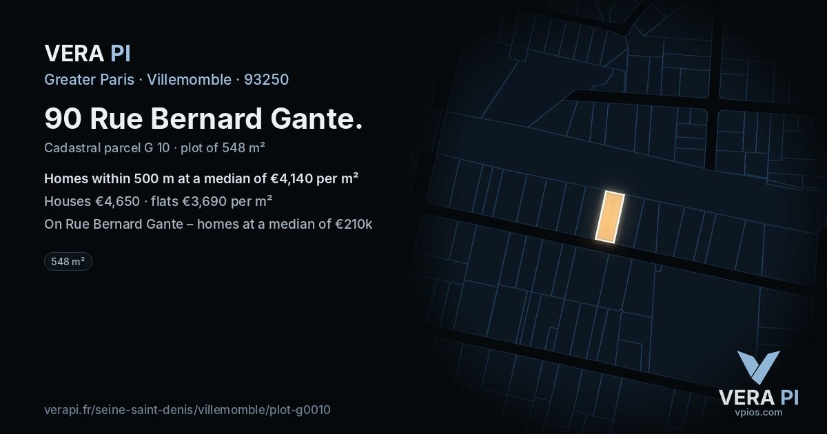 90 Rue Bernard Gante, Villemomble at night – the plot lit, the parcels around coloured by the prices near them