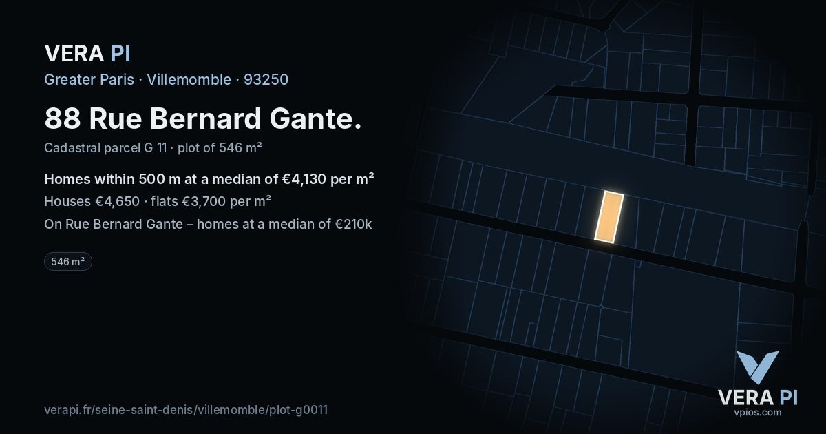 88 Rue Bernard Gante, Villemomble at night – the plot lit, the parcels around coloured by the prices near them