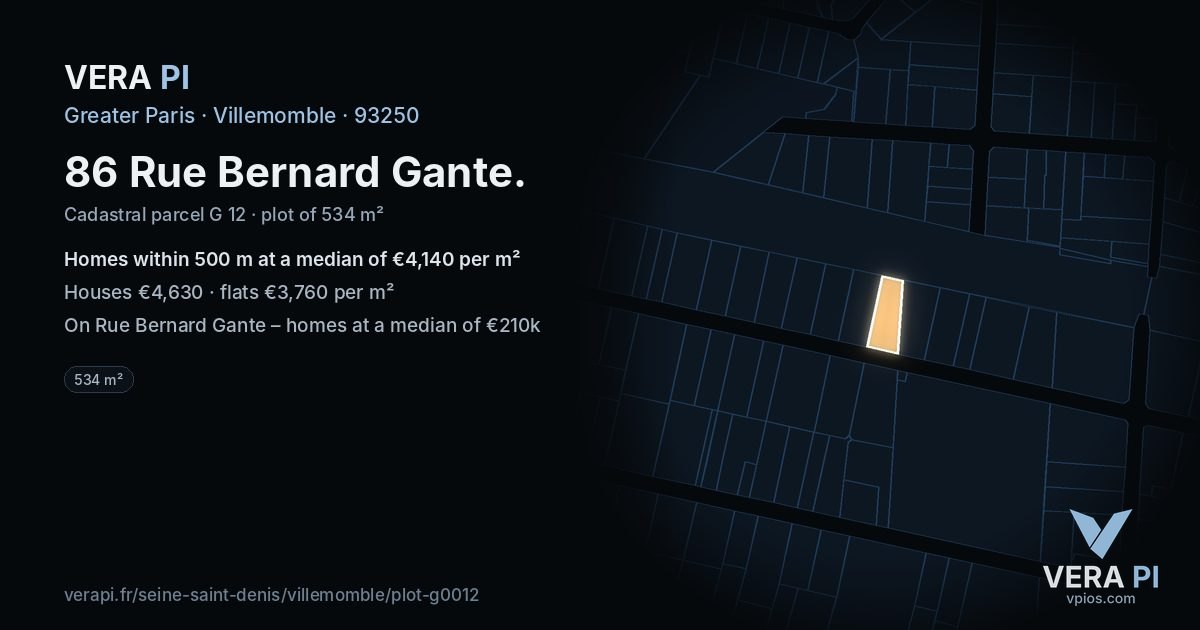 86 Rue Bernard Gante, Villemomble at night – the plot lit, the parcels around coloured by the prices near them
