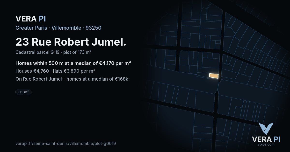 23 Rue Robert Jumel, Villemomble at night – the plot lit, the parcels around coloured by the prices near them