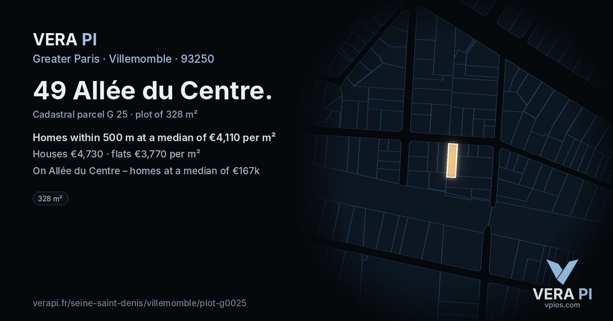 49 Allée du Centre, Villemomble at night – the plot lit, the parcels around coloured by the prices near them