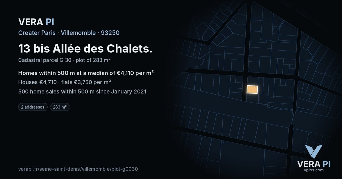 13 bis Allée des Chalets, Villemomble at night – the plot lit, the parcels around coloured by the prices near them