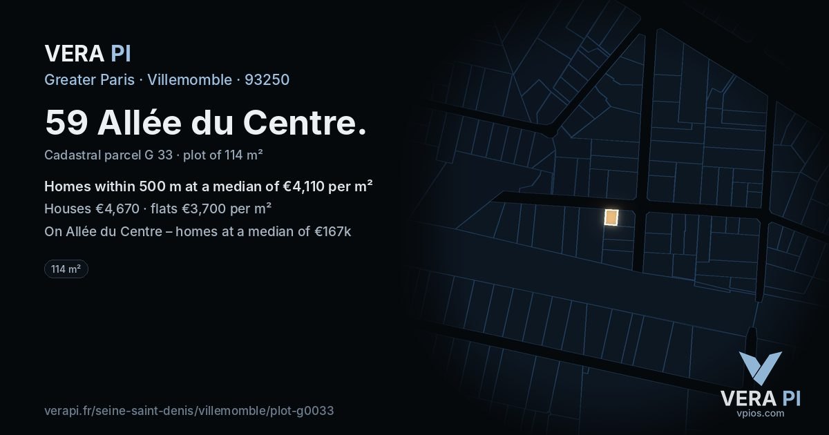59 Allée du Centre, Villemomble at night – the plot lit, the parcels around coloured by the prices near them