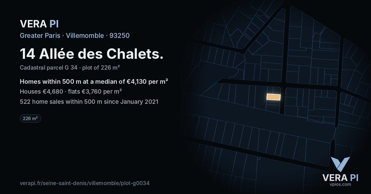 14 Allée des Chalets, Villemomble at night – the plot lit, the parcels around coloured by the prices near them