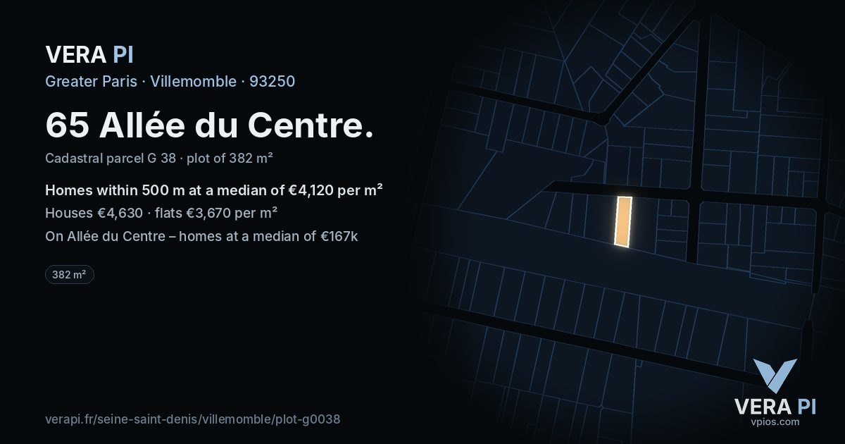 65 Allée du Centre, Villemomble at night – the plot lit, the parcels around coloured by the prices near them