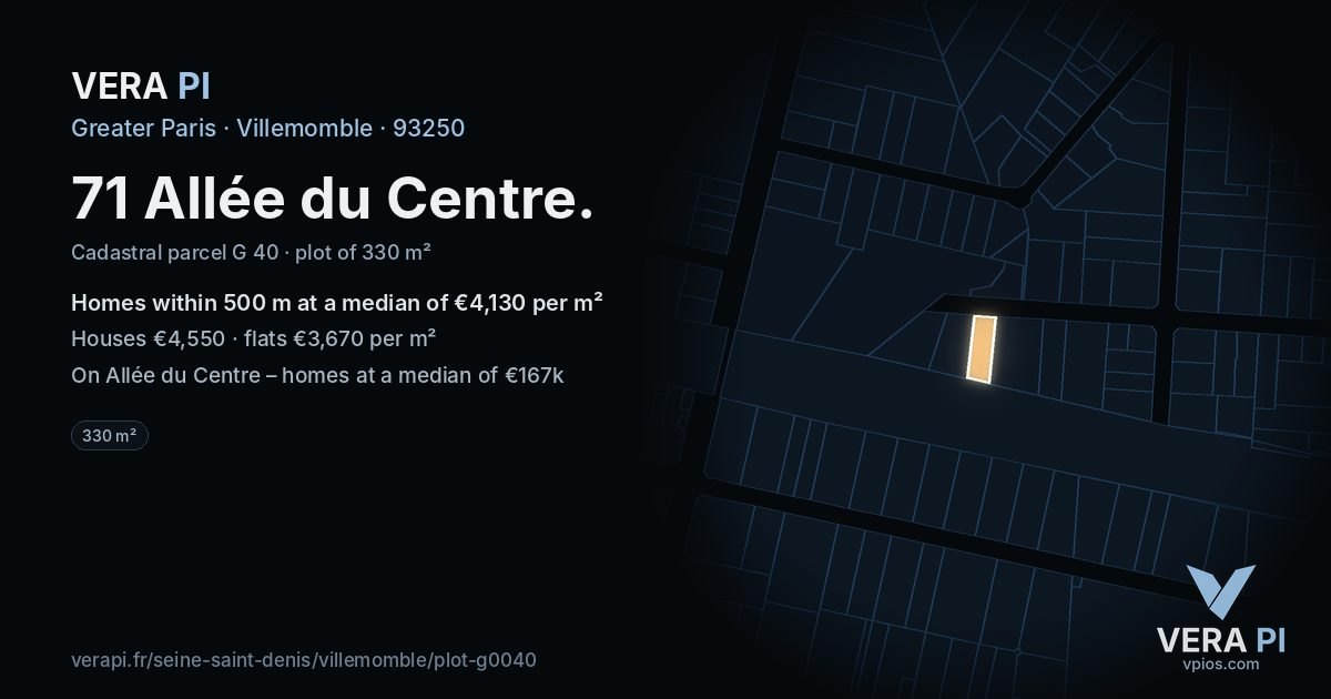 71 Allée du Centre, Villemomble at night – the plot lit, the parcels around coloured by the prices near them