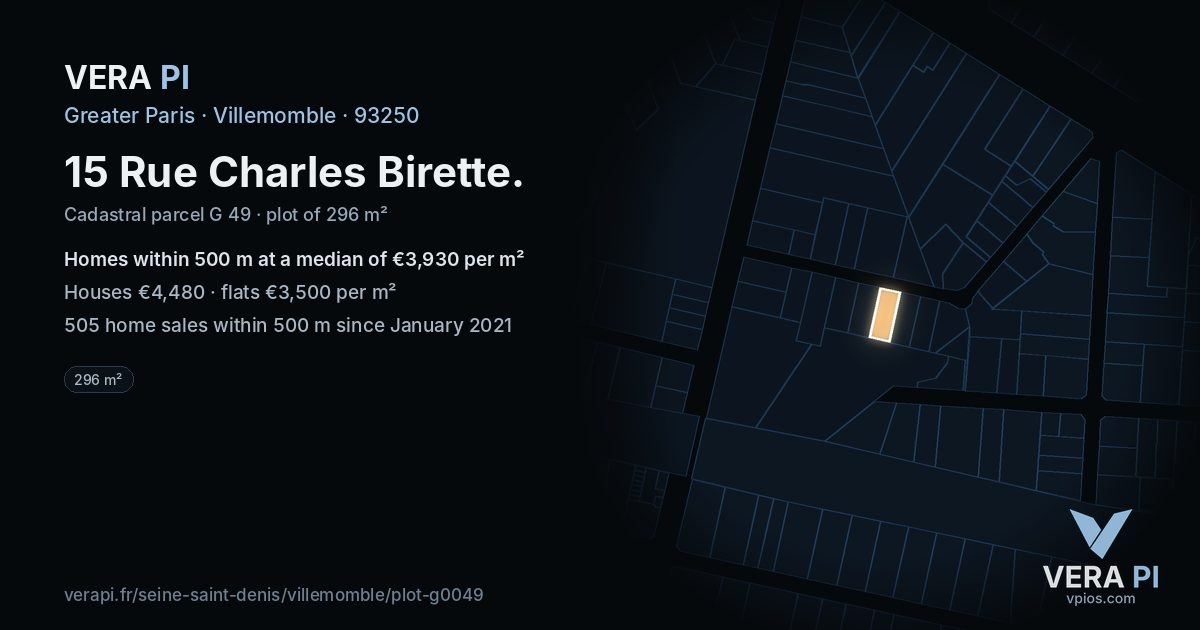 15 Rue Charles Birette, Villemomble at night – the plot lit, the parcels around coloured by the prices near them