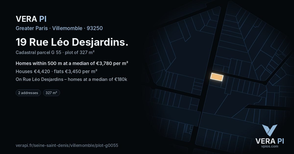 19 Rue Léo Desjardins, Villemomble at night – the plot lit, the parcels around coloured by the prices near them