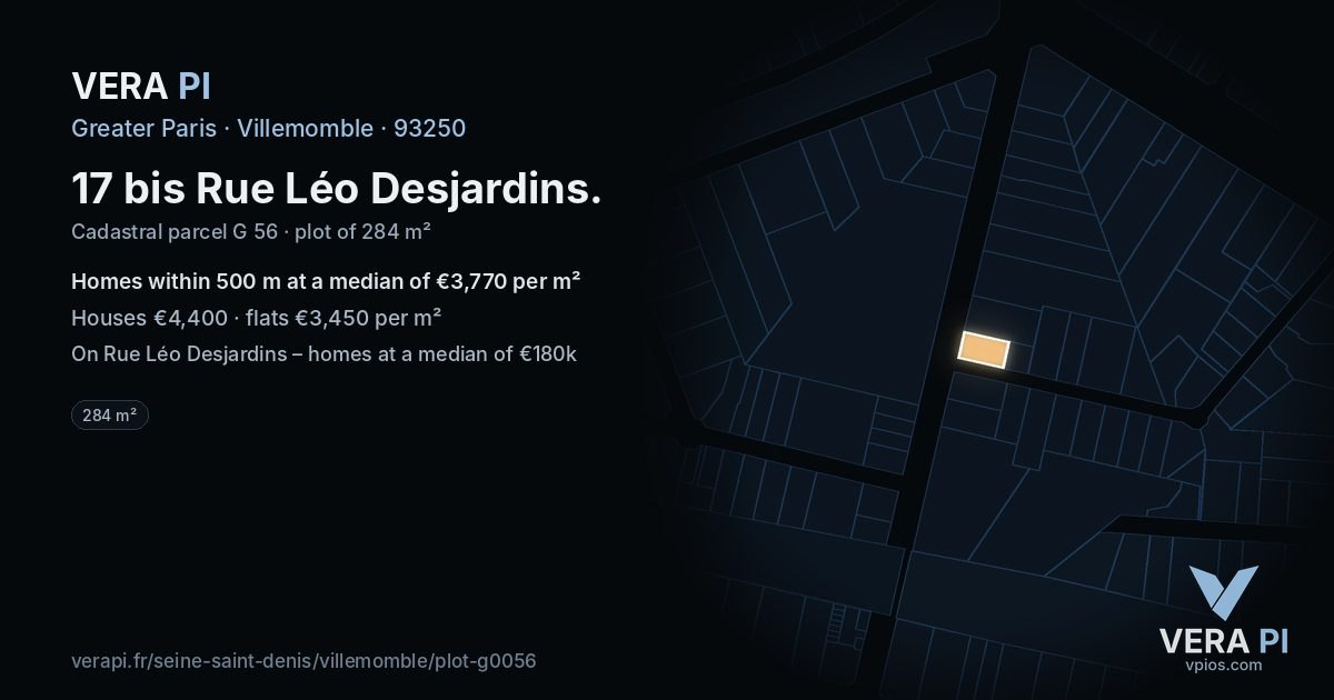 17 bis Rue Léo Desjardins, Villemomble at night – the plot lit, the parcels around coloured by the prices near them