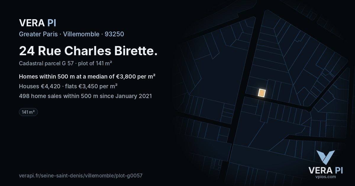 24 Rue Charles Birette, Villemomble at night – the plot lit, the parcels around coloured by the prices near them