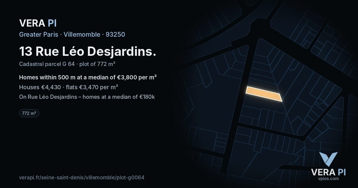 13 Rue Léo Desjardins, Villemomble at night – the plot lit, the parcels around coloured by the prices near them