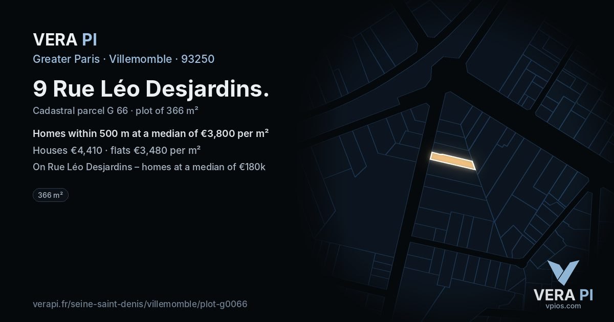 9 Rue Léo Desjardins, Villemomble at night – the plot lit, the parcels around coloured by the prices near them