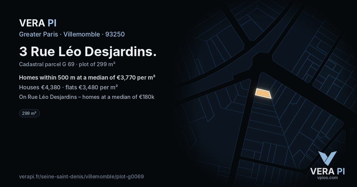 3 Rue Léo Desjardins, Villemomble at night – the plot lit, the parcels around coloured by the prices near them