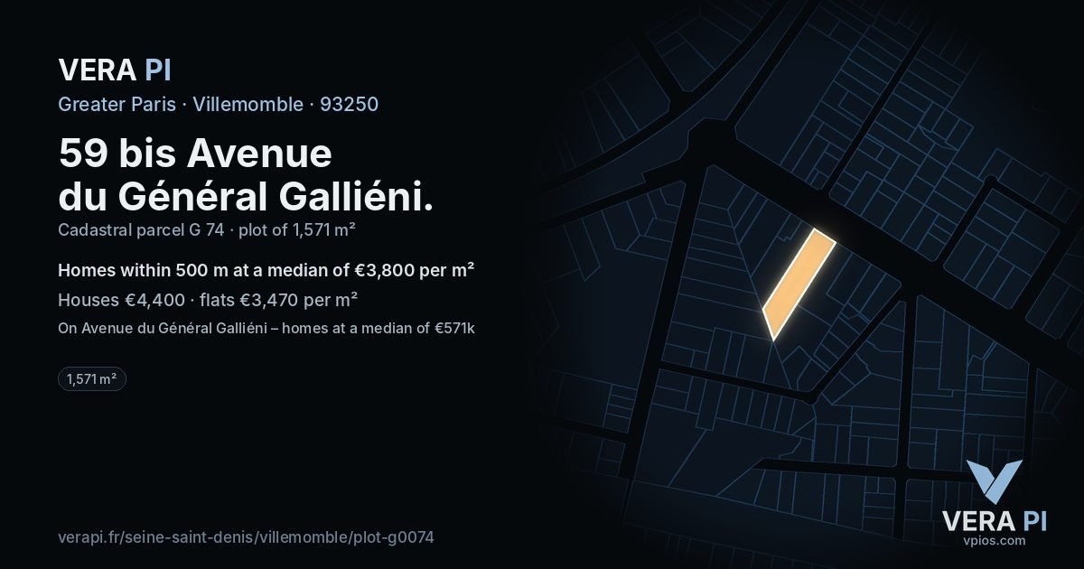 59 bis Avenue du Général Galliéni, Villemomble at night – the plot lit, the parcels around coloured by the prices near them