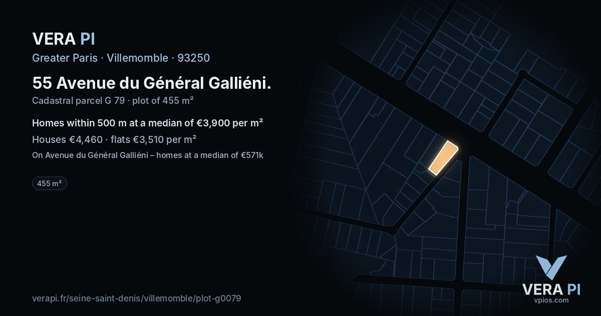 55 Avenue du Général Galliéni, Villemomble at night – the plot lit, the parcels around coloured by the prices near them