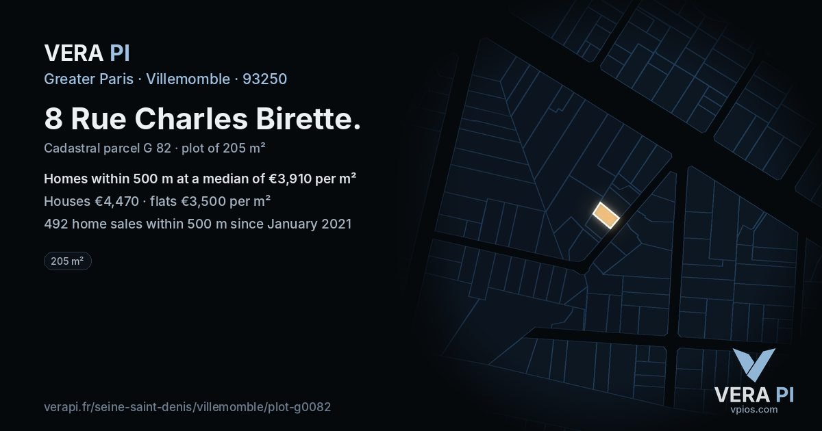 8 Rue Charles Birette, Villemomble at night – the plot lit, the parcels around coloured by the prices near them