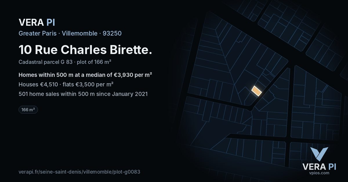 10 Rue Charles Birette, Villemomble at night – the plot lit, the parcels around coloured by the prices near them