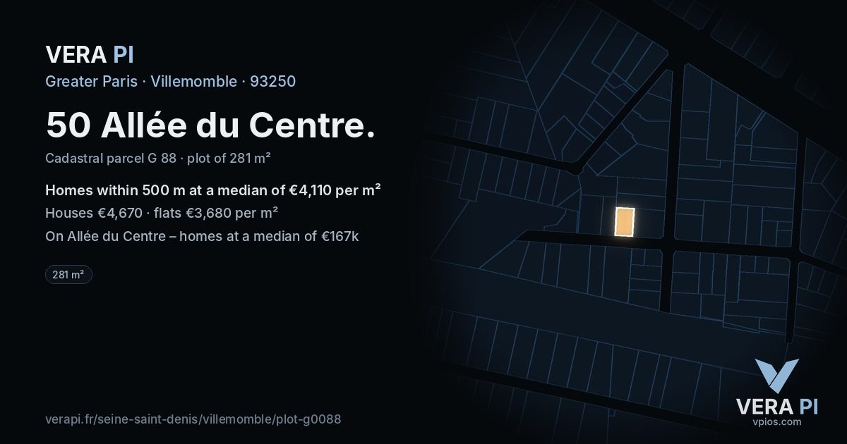 50 Allée du Centre, Villemomble at night – the plot lit, the parcels around coloured by the prices near them