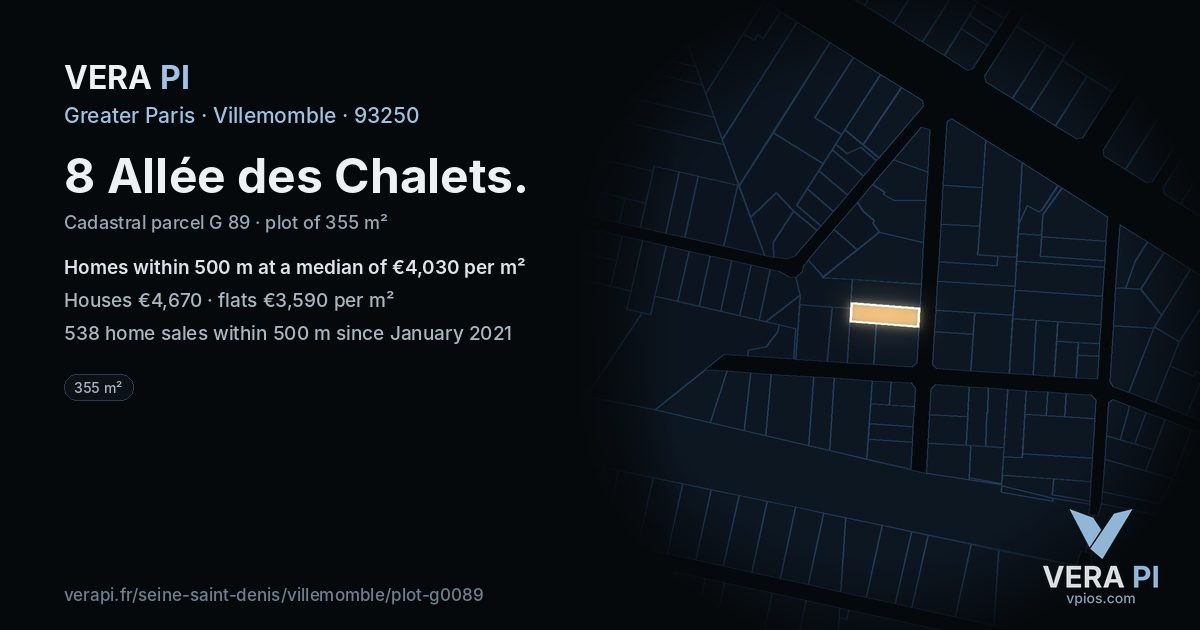 8 Allée des Chalets, Villemomble at night – the plot lit, the parcels around coloured by the prices near them