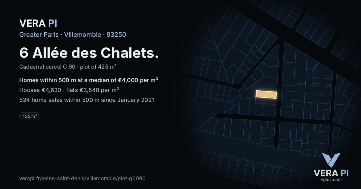 6 Allée des Chalets, Villemomble at night – the plot lit, the parcels around coloured by the prices near them
