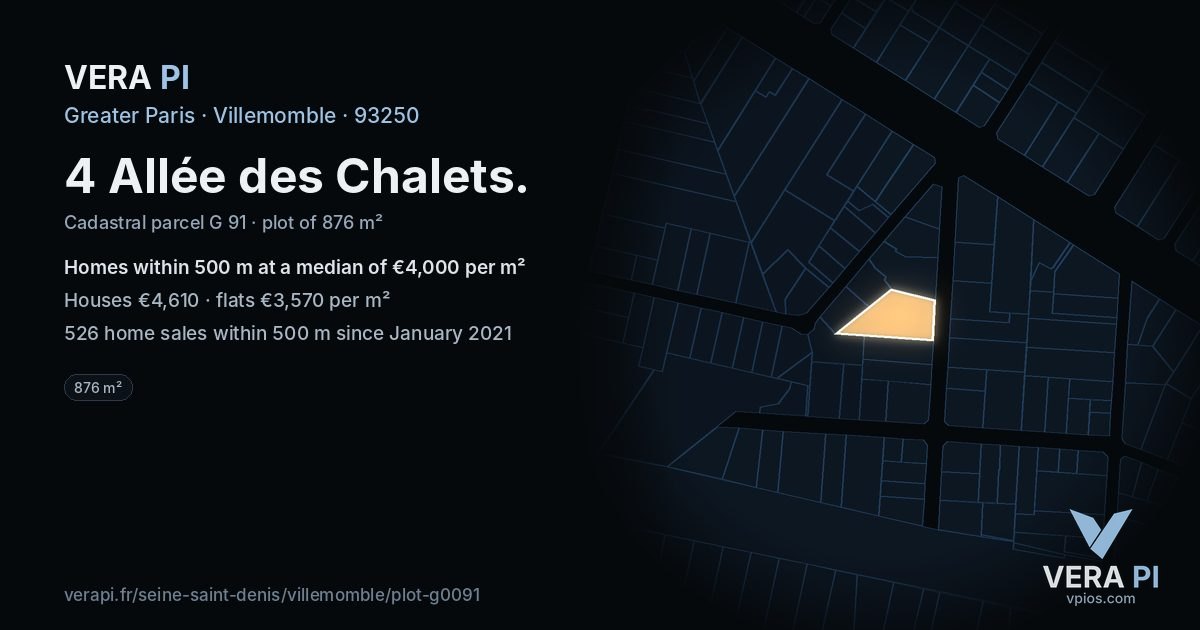 4 Allée des Chalets, Villemomble at night – the plot lit, the parcels around coloured by the prices near them