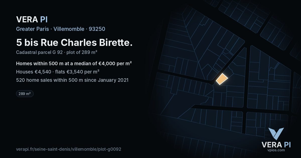 5 bis Rue Charles Birette, Villemomble at night – the plot lit, the parcels around coloured by the prices near them