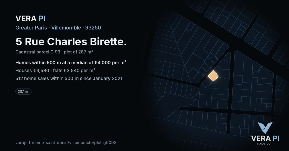 5 Rue Charles Birette, Villemomble at night – the plot lit, the parcels around coloured by the prices near them