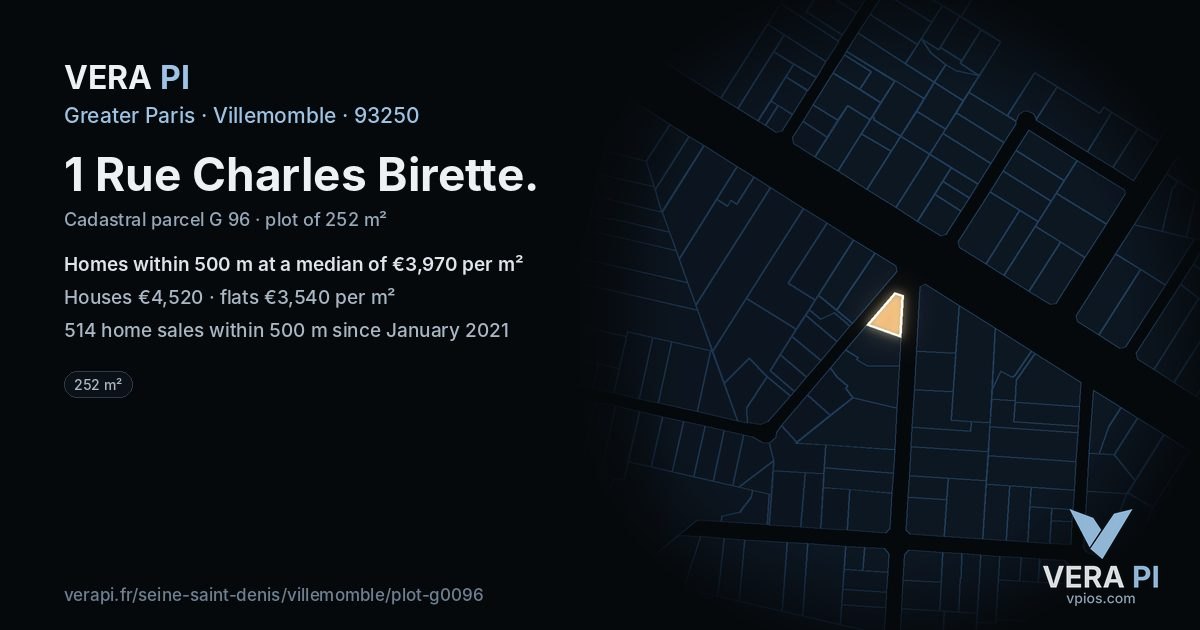 1 Rue Charles Birette, Villemomble at night – the plot lit, the parcels around coloured by the prices near them